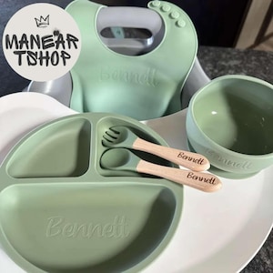 Personalized Silicone Weaning Set, Cartoon Weaning Set for Toddler Baby Kids, Feeding Set with Custom Name, Eco-Friendly, Baby Plate