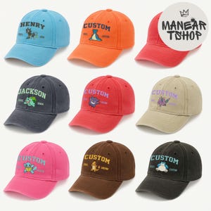 Embroidery Custom PKM washed baseball cap, Custom Name and Year Poke hat, Embroidered anime hat, Gift for him, Gift for fan
