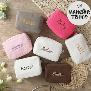 Personalized Waffle Travel Cosmetic Bag, Custom name Monogram Makeup Bag, Embroidered Toiletry Bag, Bridesmaid Gifts, Makeup bag