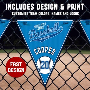 May include: Blue and white baseball pennant with the text "Your Little League Baseball" and "Cooper 20" on a chain link fence. The pennant is customizable with team colors, names, and logos.