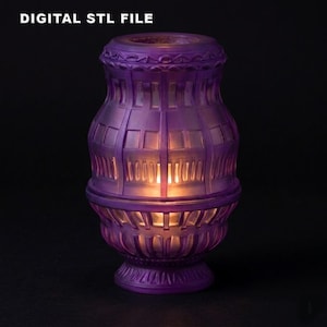 May include: A purple decorative vase with a geometric design, illuminated from within. The vase has a detailed, textured surface and a rounded shape. The text "DIGITAL STL FILE" is at the top. The overall aesthetic is modern and artistic.