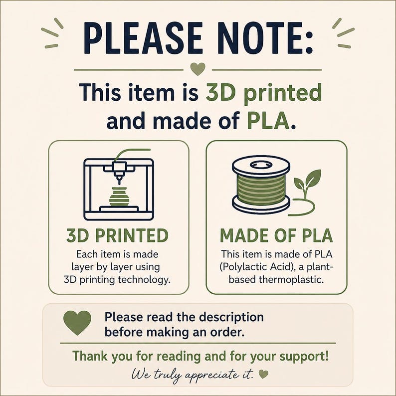 May include: An informational graphic with dark text on a light background stating: PLEASE NOTE: This item is 3D printed and made of PLA. It includes icons of a 3D printer and a spool of filament, with text explaining the layer-by-layer printing process.