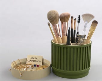 Makeup Brush Holder Secret Compartment | Japandi Vanity Organizer | Hidden Container