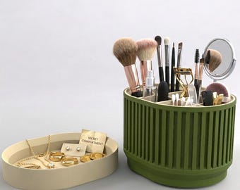 Secret Makeup Brush Holder Storage | Hidden Bottom Compartment | Japandi Vanity Organizer