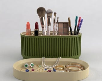 Secret Storage Makeup Brush Holder | Hidden Bottom Compartment | Big Japandi Vanity Organizer