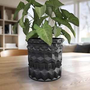 Puede incluir: Una maceta cilíndrica de color gris oscuro con un patrón geométrico repetitivo de triángulos y cuadrados en relieve en su superficie exterior, que contiene una planta verde con hojas puntiagudas en forma de corazón.