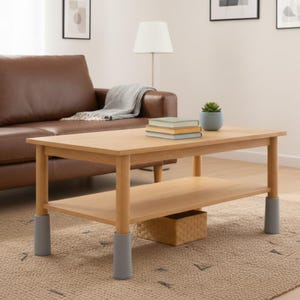 May include: A light-colored wooden coffee table with a lower shelf and gray leg protectors. The table has a rectangular shape and is in a living room setting. Books and a small potted plant sit on top of the table.