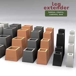 May include: A collection of leg extenders in various colors, including gray, copper, black, and white. The text "leg extender" is displayed above a green rectangle with the text "tables, chairs, cabinet, bed".