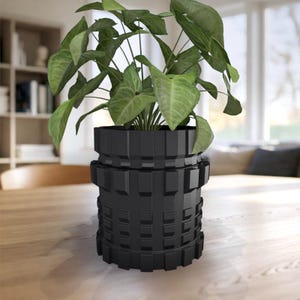 May include: A vibrant green leafy plant potted in a matte black cylindrical planter. The planter features a distinct geometric exterior with a repeating pattern of raised rectangular blocks arranged in horizontal bands around the entire circumference.
