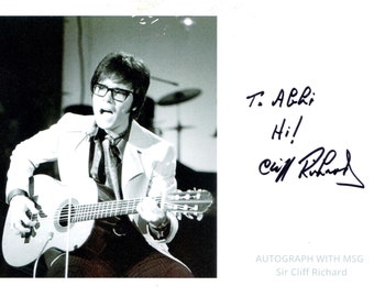 Autograph Photo of English singer Sir Cliff Richard third-top-selling artist in UK behind the Beatles and Elvis Presley.