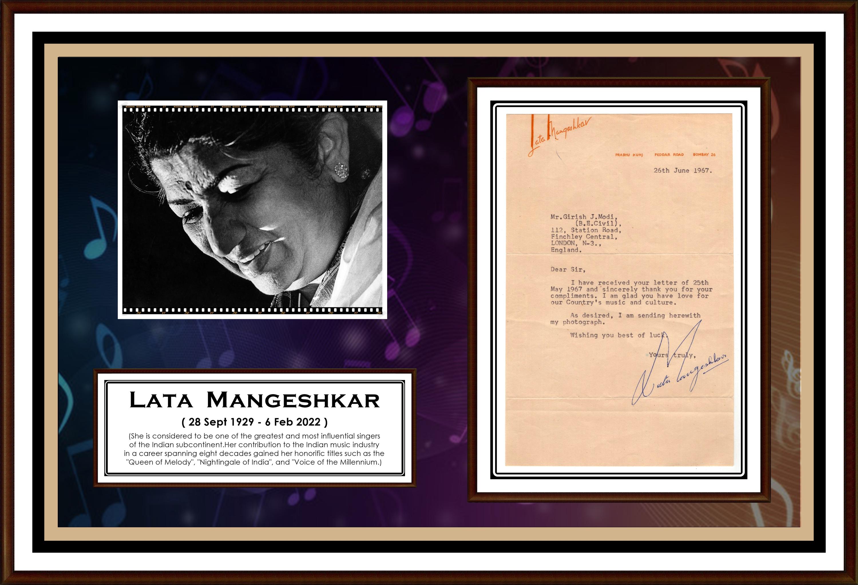 Very Rare Hand Signed Autograph of Lata Mangeshkar Jee Bolywood