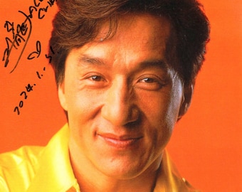 Hand Signed very rare autograph signature of Holywood actor Jackie Chan on classic photo