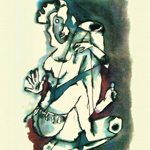 以下が含まれることがあります： 白いトップスと青いアクセントのある座っている人物を描いた抽象的な水彩画。 作品は、上部に黄色の水平ストライプがある暗い背景を持っています。 Husainのサイン入り、番号19/200。