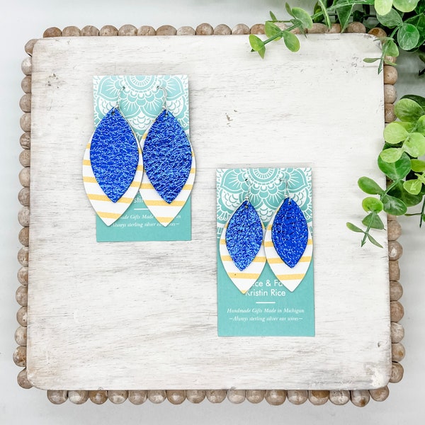 Handmade Royal Blue, White and Yellow Double Leather Earrings