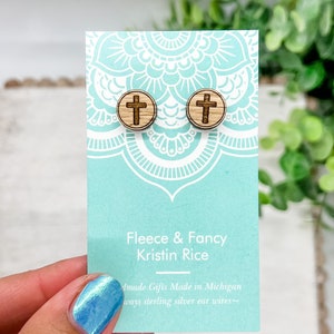 Laser Cut Cross Wood Stud Earrings