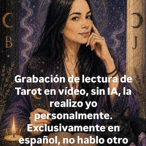 May include: A digital illustration of a person with long dark hair wearing a purple robe, holding a tarot card. The scene includes a black cat, a lit candle, an open book, and purple crystals. Text reads: Grabación de lectura de Tarot en vídeo, sin IA, la realizo yo personalmente. Exclusivamente en español, no hablo otro idioma.