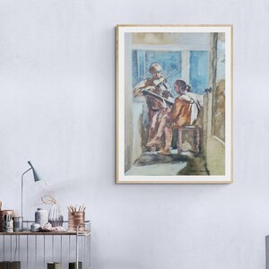 Aquarelle de musicien hyper réaliste / Aquarelle unique pour decoration de salon contemporaine / Cadeau d'art fait main