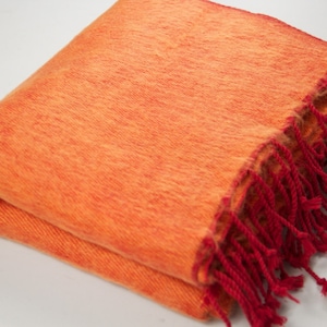 Handwoven Yak Wool Blend Throw: Orange Meditation Shawl, Travel Blanket