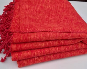 Handwoven Yak Wool Blend Blanket: Lightweight Travel Shawl, Vermillion