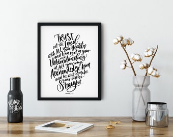 Trust in the Lord with all your heart [UNFRAMED PRINT], Proverbs sign, 8x10 handlettered scripture, Baptism gift, Scripture wall art