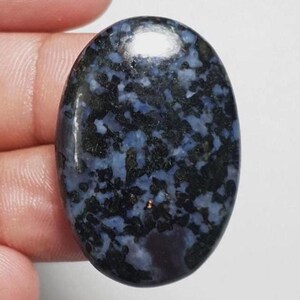May include: Oval-shaped gemstone with a polished surface. The stone features a speckled pattern of dark blue and black, with hints of lighter blue. The gemstone is held in a hand against a white background.