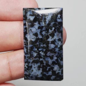 May include: A rectangular gemstone with a polished surface. The stone features a speckled pattern of black and blue-gray, creating a unique visual texture. The gemstone is held between fingers.