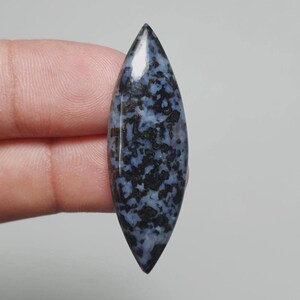 May include: A polished gemstone with a teardrop shape. The stone features a speckled pattern of black and blue hues. The gemstone is held between fingers against a neutral background. The stone is approximately 1.5 inches long.
