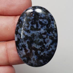 May include: An oval-shaped gemstone with a speckled pattern of dark blue and black. The polished surface reflects light, highlighting the stone's natural variations. The gemstone is held in a hand.