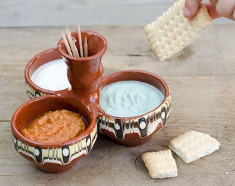 Spice Sauce Condiment Dish Set, Traditional Bulgarian Handmade Redware Clay Ceramic Dipping Triple Bowls, Salt Pepper Container Triplet Dish