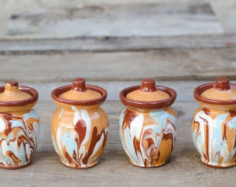 Set of 4 Variegated Clay Jars with Lid, Ceramic Abstract Hand Painted Pottery Redware Rustic Gift Spice, Honey Jars Artisan Vase Containers
