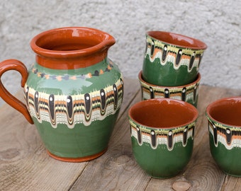 Drinking Set 250 ml Clay Cup, Jug Pitcher 1.5L, Mug Tumbler, Cups Traditional Bulgarian Ceramic Hand Painted Pottery Redware Rustic Country