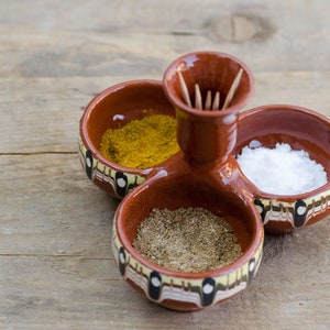 Spice Sauce Condiment Dish Set, Traditional Bulgarian Handmade Redware Clay Ceramic Dipping Triple Bowls, Salt Pepper Container Triplet Dish image 3