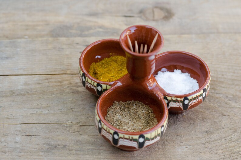 Spice Sauce Condiment Dish Set, Traditional Bulgarian Handmade Redware Clay Ceramic Dipping Triple Bowls, Salt Pepper Container Triplet Dish image 3