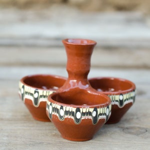 Spice Sauce Condiment Dish Set, Traditional Bulgarian Handmade Redware Clay Ceramic Dipping Triple Bowls, Salt Pepper Container Triplet Dish image 5
