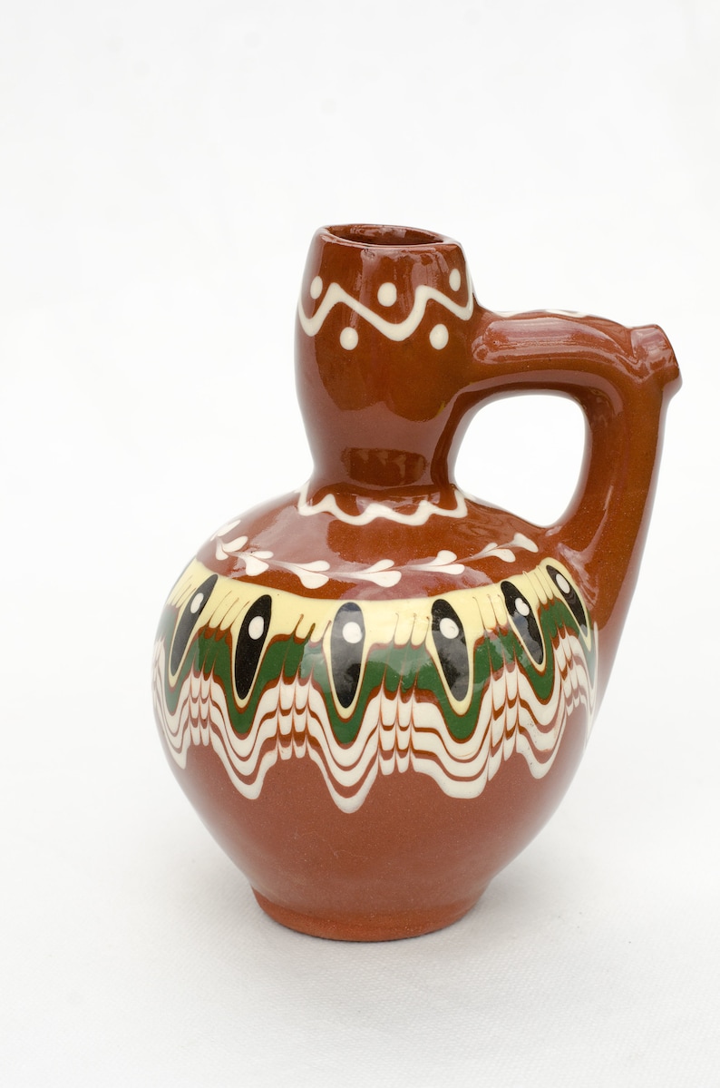 Traditional Bulgarian Ceramic Pitcher 0.500 l, Clay Redware Jug Water Rakia Raki Brandy Serving Pottery Container Handmade Hand Painted image 1