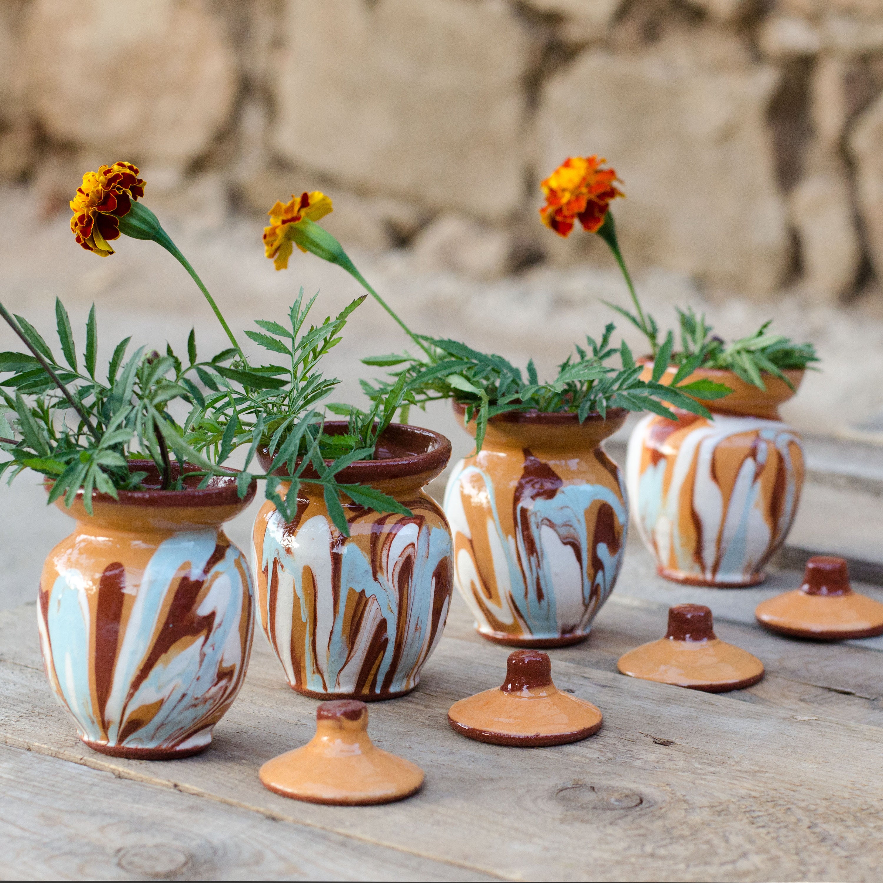 Set of 4 Variegated Clay Jars With Lid, Ceramic Abstract