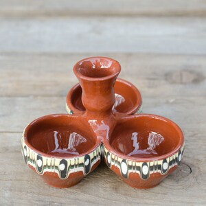 Spice Sauce Condiment Dish Set, Traditional Bulgarian Handmade Redware Clay Ceramic Dipping Triple Bowls, Salt Pepper Container Triplet Dish image 4