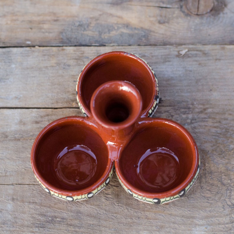 Spice Sauce Condiment Dish Set, Traditional Bulgarian Handmade Redware Clay Ceramic Dipping Triple Bowls, Salt Pepper Container Triplet Dish image 6