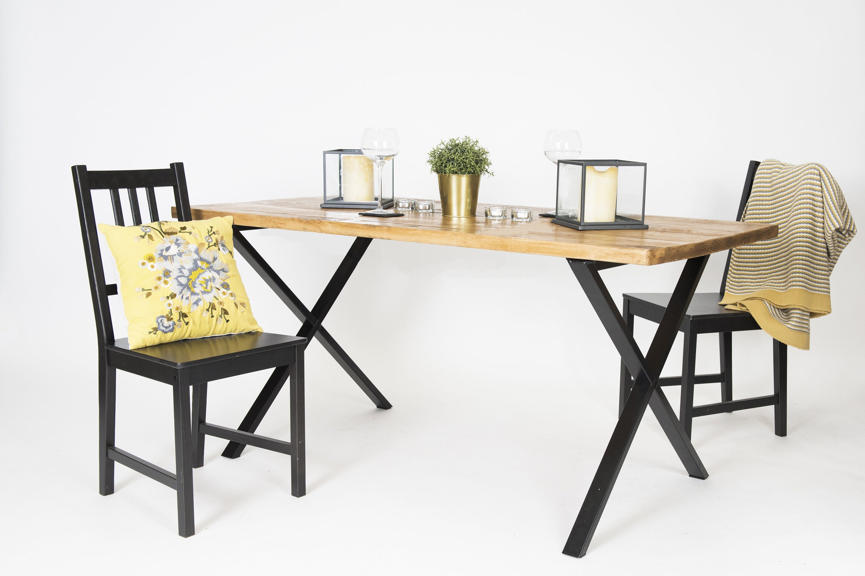 Industrial Reclaimed Dining Table Xframe Steel Base handmade Etsy