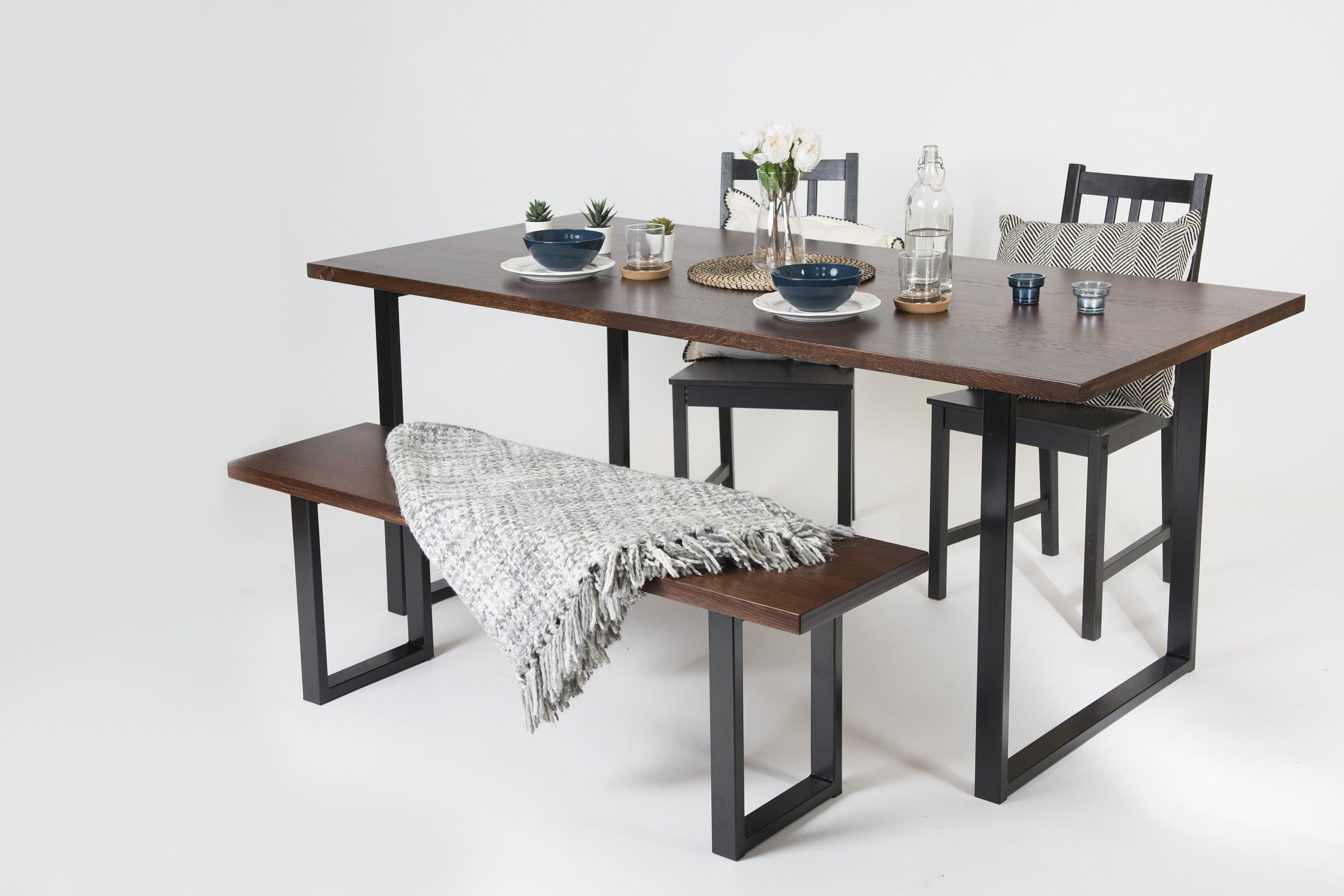 Solid Dark Oak Dining Table With Modern Industrial Calia Steel Etsy