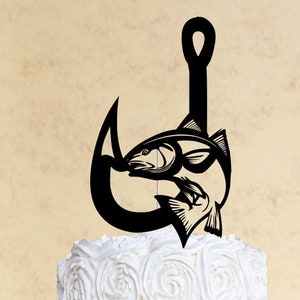 Red Fish and  Fish Hook Cake Topper | Customizable | Made of Wood |  Many Colors |  Free Shipping | Made in the USA