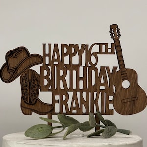 Cowboy boots hat and guitar happy birthday Cake Topper | Made of Wood | Comes in Many Colors | Free Shipping  | Made in the USA