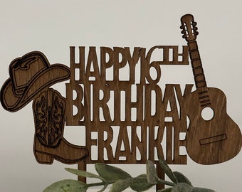 Cowboy boots hat and guitar happy birthday Cake Topper | Made of Wood | Comes in Many Colors | Free Shipping  | Made in the USA
