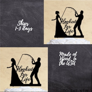 Hooked for Life Fisherman Wedding cake Topper | Made of Wood | Many Colors | Free Shipping | Made in the USA
