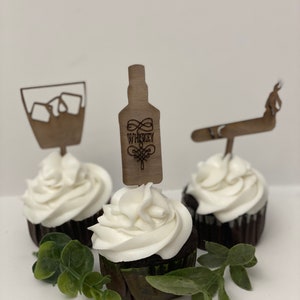 Cigar and whiskey cupcake toppers| Made of Wood | Free Shipping | Made in the USA