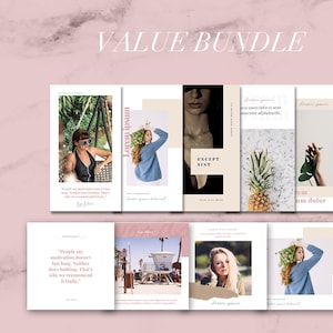 Könnte beinhalten: Ein rosa-weißes Grafikdesign mit dem Text "VALUE BUNDLE". Das Design enthält mehrere Bilder mit Textüberlagerungen, darunter eine Frau mit Sonnenbrille, eine Frau mit Blumenkranz und eine Ananas.