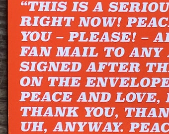 Ringo Starr Bumper Sticker. "Peace & Love! No Fan Mail!"