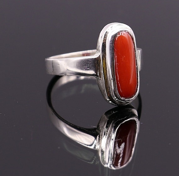Chinese Handmade Jewelry- Online Ring -Red Coral Tibetan Silver Ring| LIGHT  STONE
