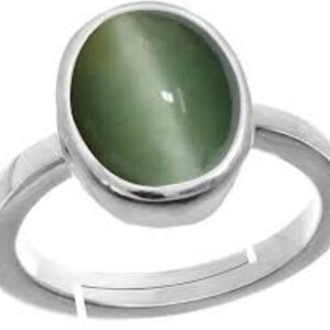 May include: A silver ring with a green oval-shaped gemstone. The gemstone has a cat's eye effect.