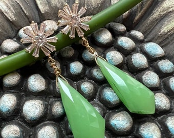 Chrysoprase Dangle Earrings Gold Pave Flower Stud Drop Earrings Green Gemstone Jewelry Spring Wedding Gift for Her